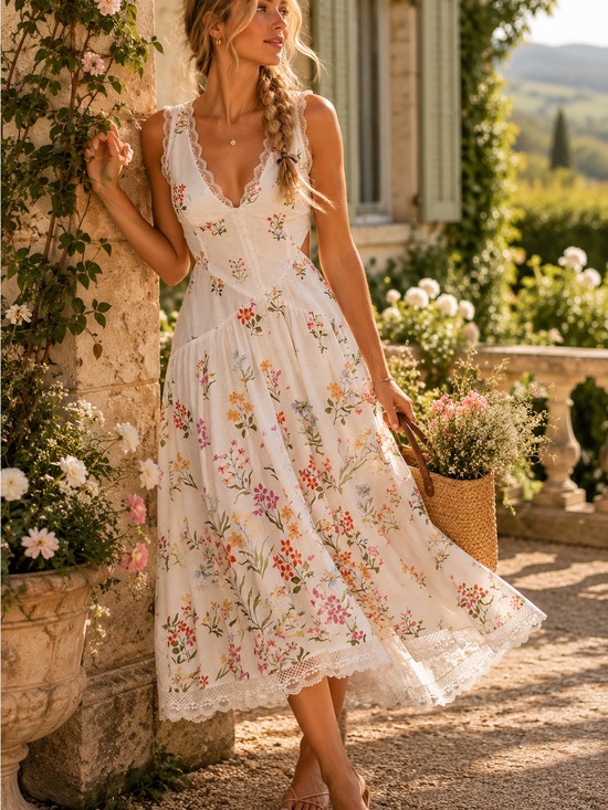 Anthropologie Dresses & Skirts - Anthropologie Floral Embroidered Lace Trim Midi Dress Cottagecore Size L Coastal